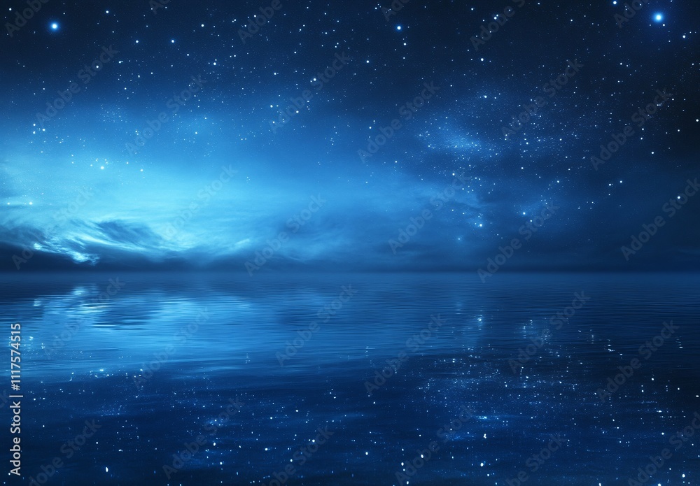 A serene night scene with a tranquil sea level and a stunning starry sky, set against a minimalist background with plenty of white space for a peaceful atmosphere. A serene night scene with a tranquil sea level and a stunning starry sky, set against a minimalist background with plenty of white space for a peaceful atmosphere.