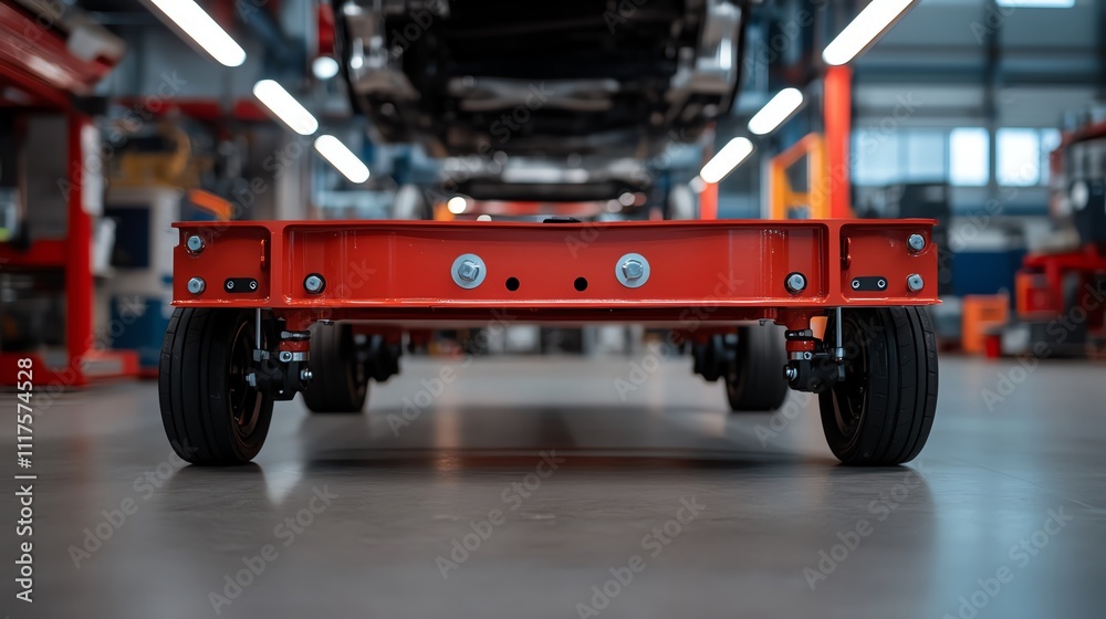 A mechanic s creeper with wheels, placed under a raised car frame A mechanic s creeper with wheels, placed under a raised car frame