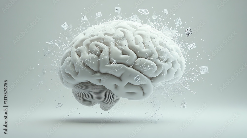 A 3D rendering of a human brain with white lines and icons surrounding it, representing the concept of artificial intelligence and the processing power of the mind. A 3D rendering of a human brain with white lines and icons surrounding it, representing the concept of artificial intelligence and the processing power of the mind.