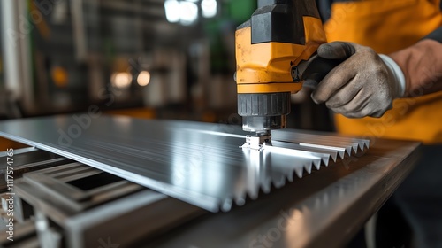 A metal shear slicing through a sheet of aluminum with clean edges photo