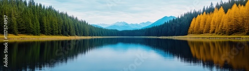 A tranquil lake reflects surrounding mountains and autumn trees, creating a serene landscape filled with natural beauty and vibrant colors.