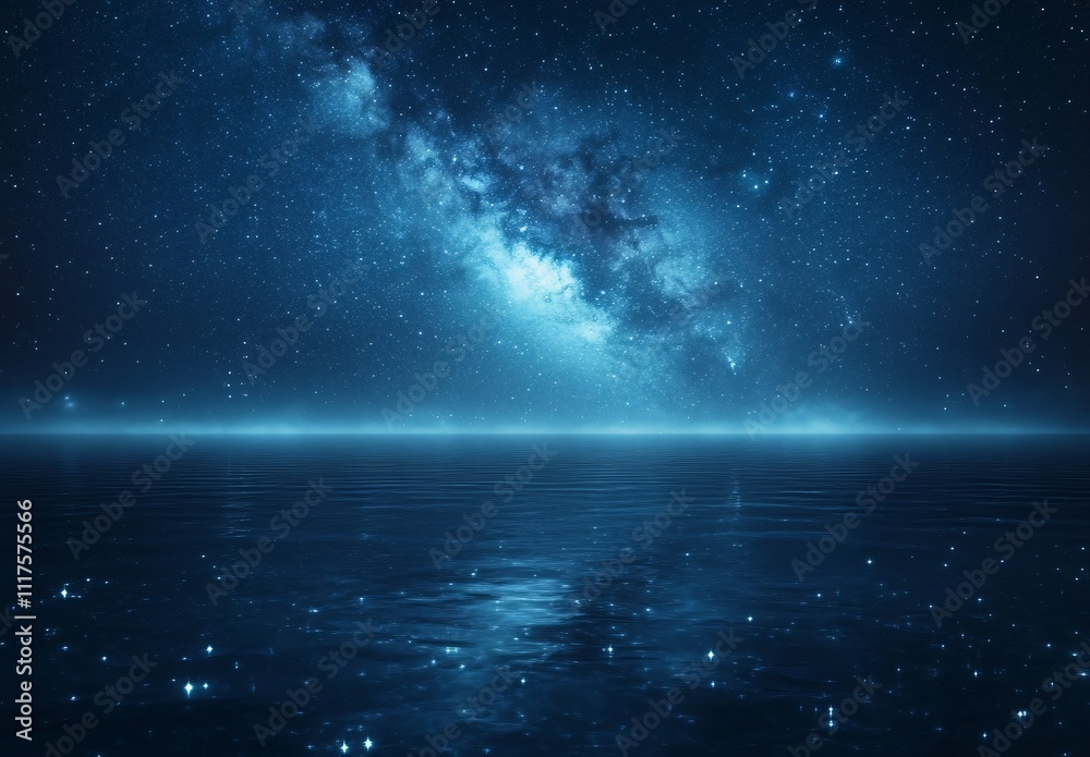 Naklejka premium A serene night scene with a tranquil sea level and a stunning starry sky, set against a minimalist background with plenty of white space for a peaceful atmosphere.
