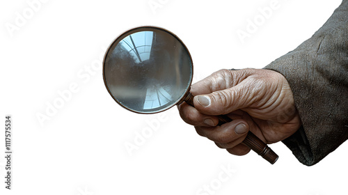 A hand holding a magnifying glass, isolated on a transparent background, symbolizing curiosity, exploration, and attention to detail. This image is ideal for concepts related to research, investigatio photo