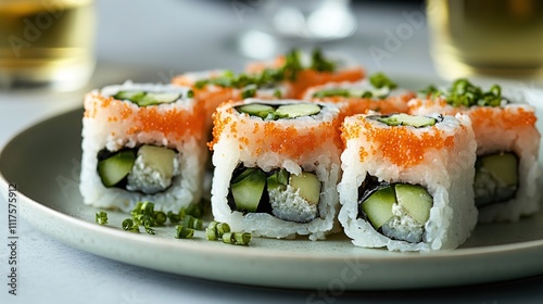 A close-up of sushi rolls arranged on a plate, garnished with green onions.