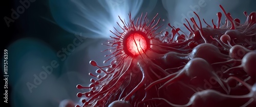 Macro view of a burst capillary with blood cells escaping into surrounding tissue photo