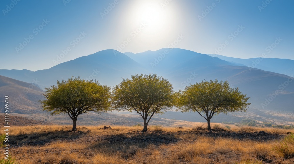 Obraz premium Three Trees Stand Silhouetted Against Majestic Mountains