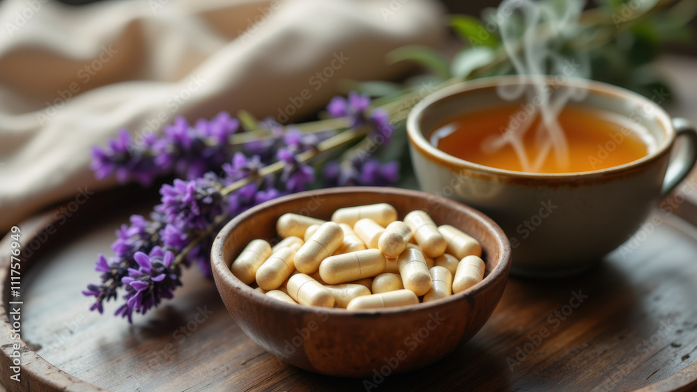 Magnesium supplements paired with a cup of warm tea on a wooden tray. A cozy, natural setting evoking health-conscious relaxation. Magnesium supplements paired with a cup of warm tea on a wooden tray. A cozy, natural setting evoking health-conscious relaxation.