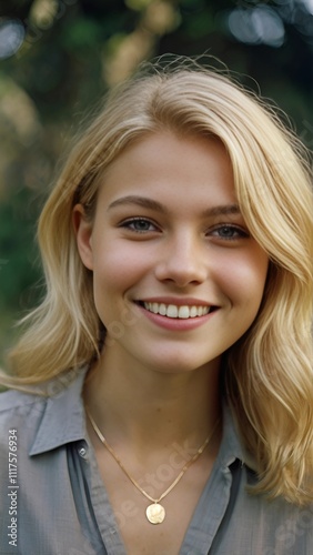 Portrait of Style and Charm: The Captivating Smile of a Blonde Woman Under the Sunlight