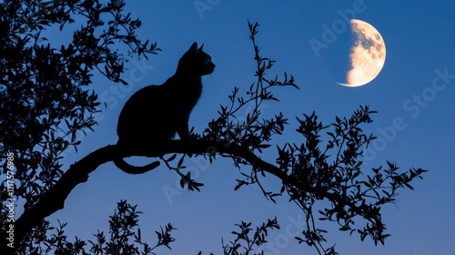 A tabby cat perched on a tree branch silhou photo