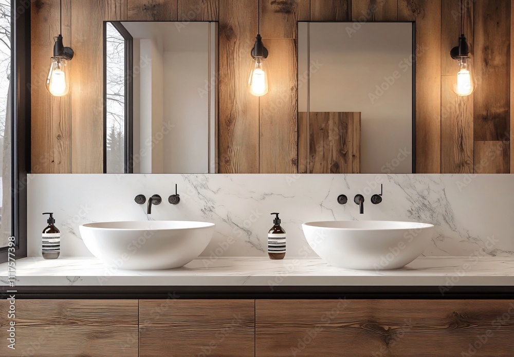 Fototapeta premium Modern bathroom design featuring a sleek washbasin, vanity sink, and a large mirror, creating a stylish and functional space for daily use.