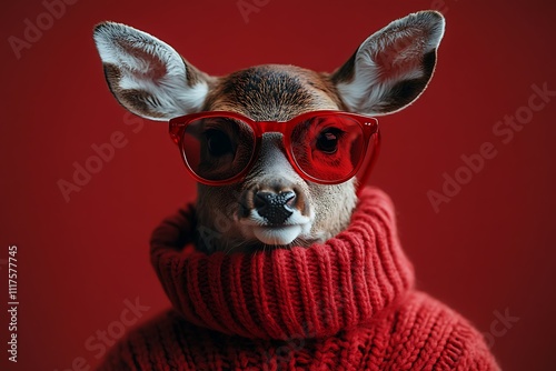 Funny deer wearing a warm sweater and red sunglasses on a red background photo