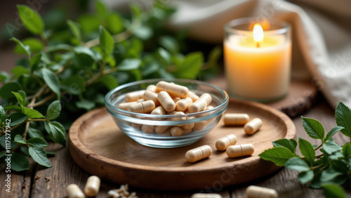 Magnesium supplement tablets on a wooden surface with herbs.