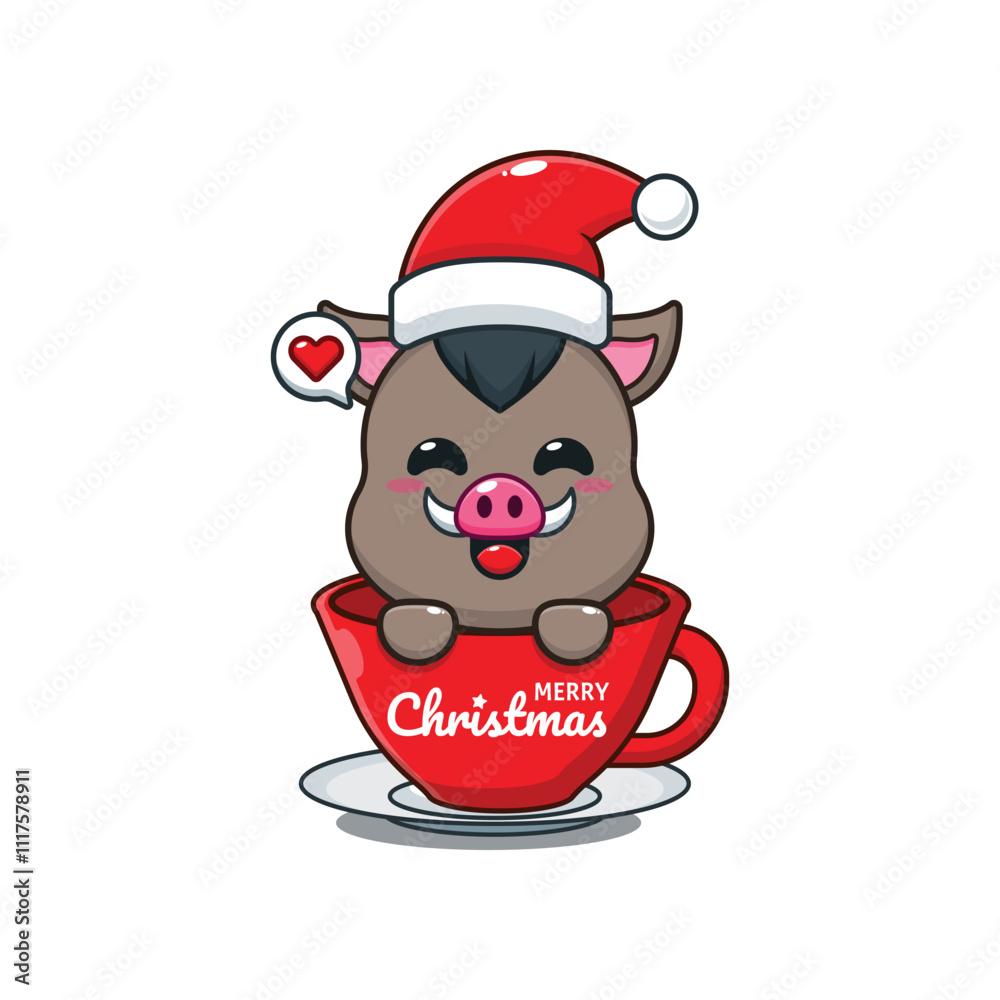 Cute boar wearing Santa Claus hat in cup. Cartoon vector illustration in Christmas day. Cute boar wearing Santa Claus hat in cup. Cartoon vector illustration in Christmas day.