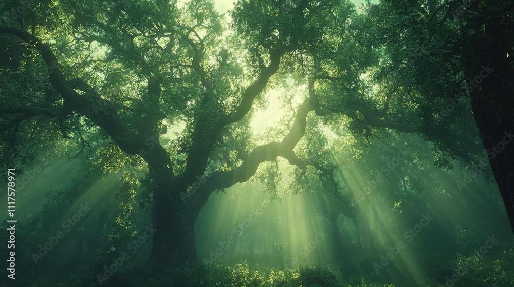 Obraz premium Enchanting Forest with Majestic Trees Illuminated by Sunlight Filtering Through Leaves and Creating a Mystical Atmosphere in the Heart of Nature