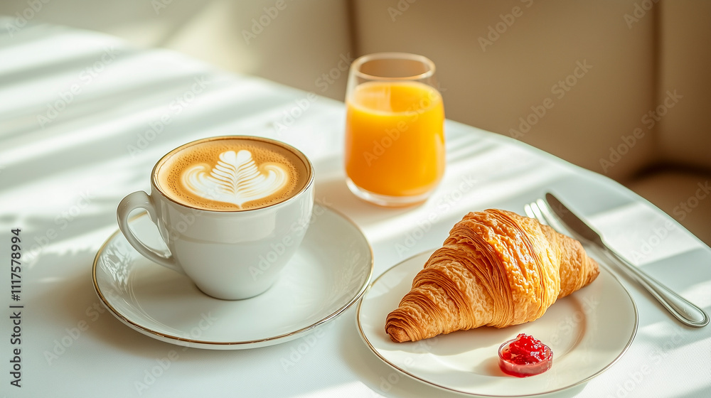 Elegant hotel breakfast setting featuring a butter croissant, strawberry marmalade, cappuccino and orange juice on a table Elegant hotel breakfast setting featuring a butter croissant, strawberry marmalade, cappuccino and orange juice on a table