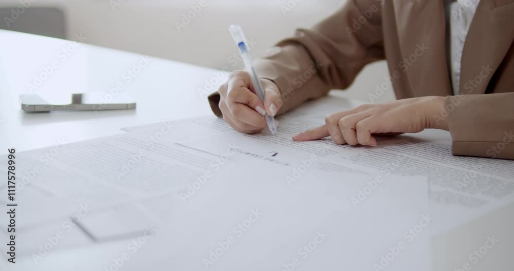 A focused office woman reviews and corrects spelling mistakes while checking sales data on a large stack of paper reports, ensuring accuracy and attention to detail in her work.