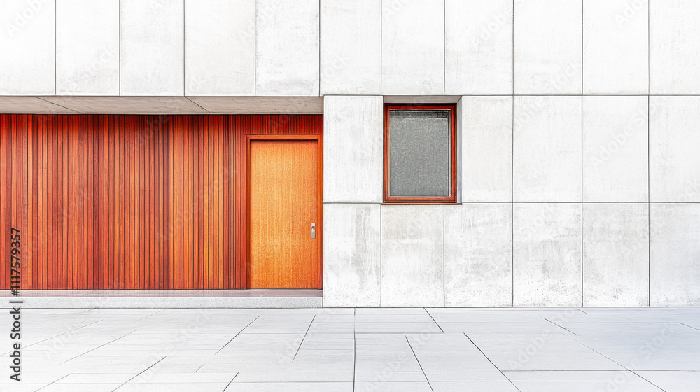 Minimalist architecture featuring a wooden door and window on a sleek white facade. Minimalist architecture featuring a wooden door and window on a sleek white facade.
