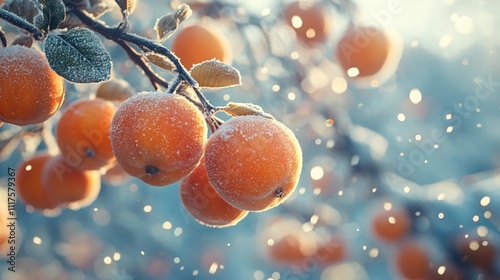 Snowfall covering a tree branch with ripe apples, creating a beautiful winter scene with the contrast of fresh fruit and heavy snow.