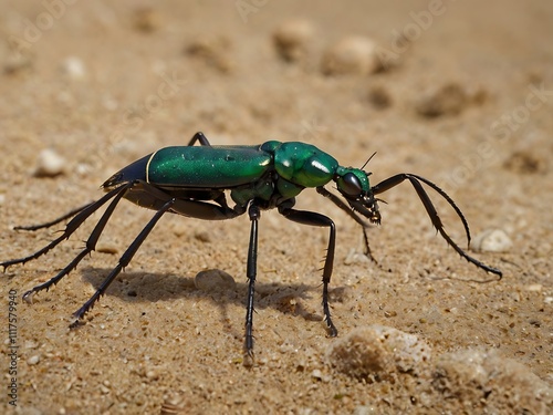 Green iridescent beetle walking on sandy ground photo