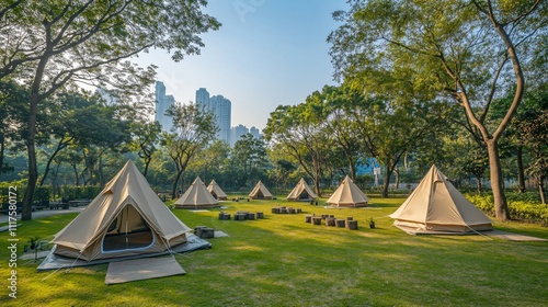 Camping site in the city with tents set up on a green lawn, offering a peaceful outdoor escape amidst urban life, ideal for nature lovers.