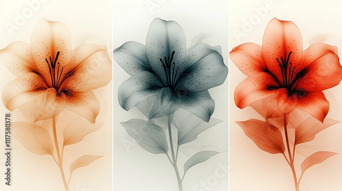 Abstract Triptych: Translucent Floral Trio. photo