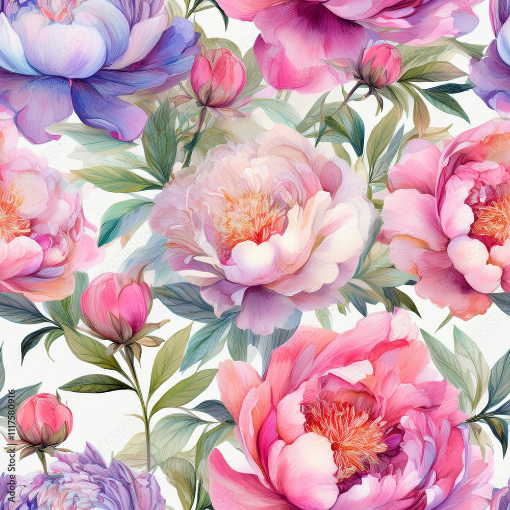 Botanical water colour Peonies wild flower seamless pattern, good for POD, Photo art, wall paper and textile print