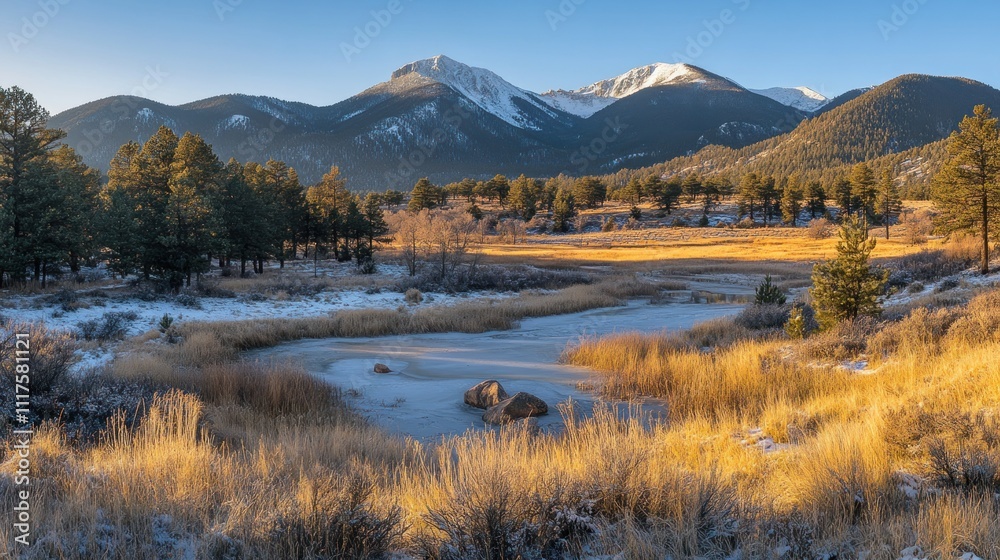 Snowy Mountain Peaks Reflecting In A Frozen Stream Snowy Mountain Peaks Reflecting In A Frozen Stream