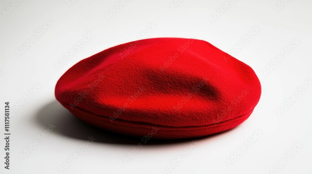 Classic red beret accessory with fine details, positioned on a smooth white background Classic red beret accessory with fine details, positioned on a smooth white background