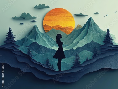 Craft a peaceful mountain scene within a human silhouette Inspire serenity in 3D layers photo