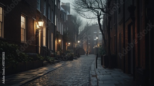 A dimly lit cobblestone street at night lined with old brick buildings