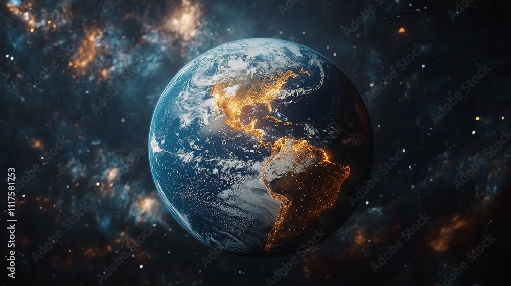 Fototapeta premium View of Earth from spacecraft with illuminated continents and cosmic backdrop in 4K resolution