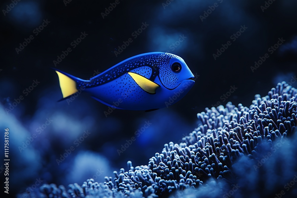 Obraz premium A colorful school of tropical fish swim among vibrant coral reefs in a crystal-clear aquarium