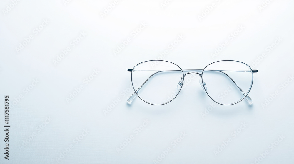 Minimalist eyewear design with round, thin metal frames on a seamless white background, showcasing simplicity and elegance in modern fashion accessories.