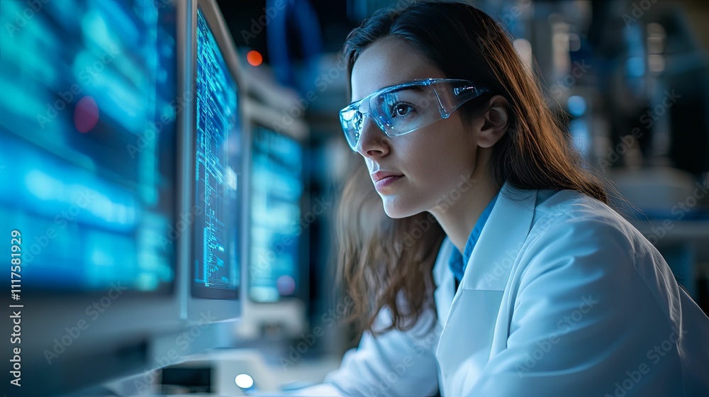 Woman Scientist Studying Data on Computer Screens Woman Scientist Studying Data on Computer Screens