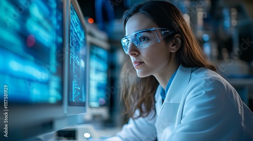 Woman Scientist Studying Data on Computer Screens