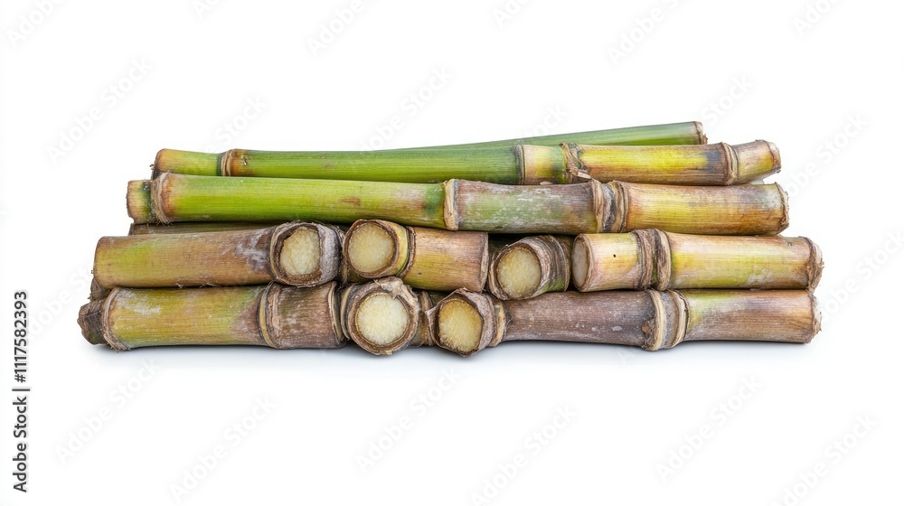 Close-up side view of a sugarcane heap, highlighting texture and freshness on a seamless white background Close-up side view of a sugarcane heap, highlighting texture and freshness on a seamless white background