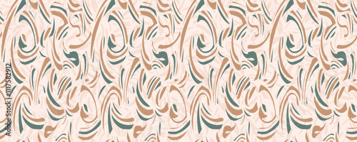 Abstract organic shapes seamless pattern. Vector hand drawn dynamic curved and wavy lines. Contemporary print. Simple geometric ornament on a beige background