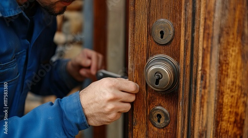 Locksmith repairing a wooden door lock mechanism