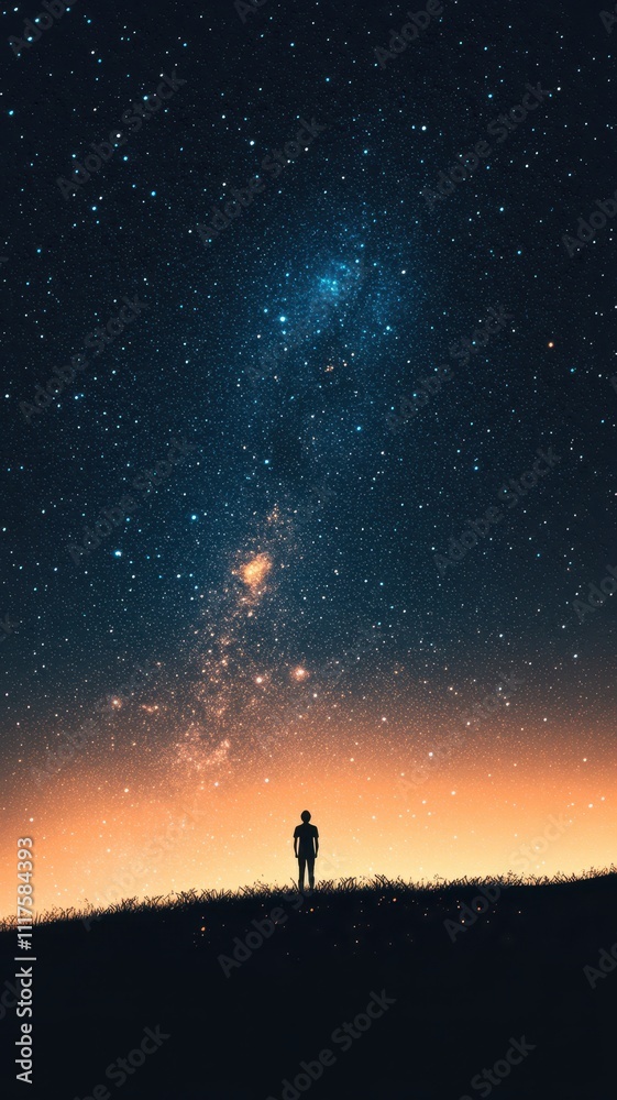 Fototapeta premium A silhouette of a person gazes at a starry night sky, with vibrant colors blending from dark blue to orange, creating a serene and contemplative atmosphere.