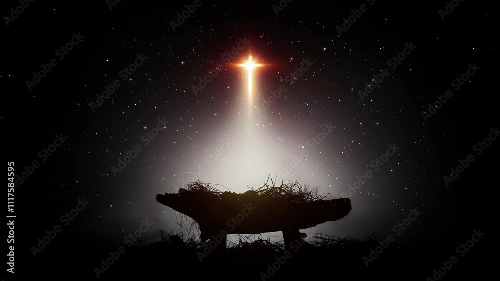 A bright, large star illuminates the baby Jesus in the manger, a snowy Christmas background, hinting at the birth of Jesus and his death on the cross
