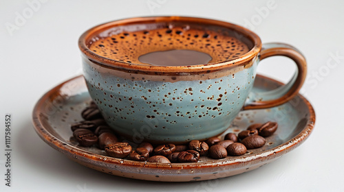 Traditional cup of Ethiopian buna coffee dark and aromatic brewed in a jebena and served in a small porcelain cup set against a pure white backdrop photo