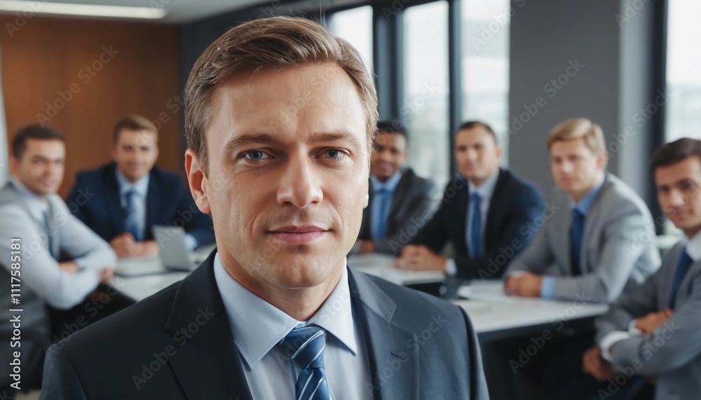 Portrait of a successful business man with a background of a meeting atmosphere in his office Portrait of a successful business man with a background of a meeting atmosphere in his office