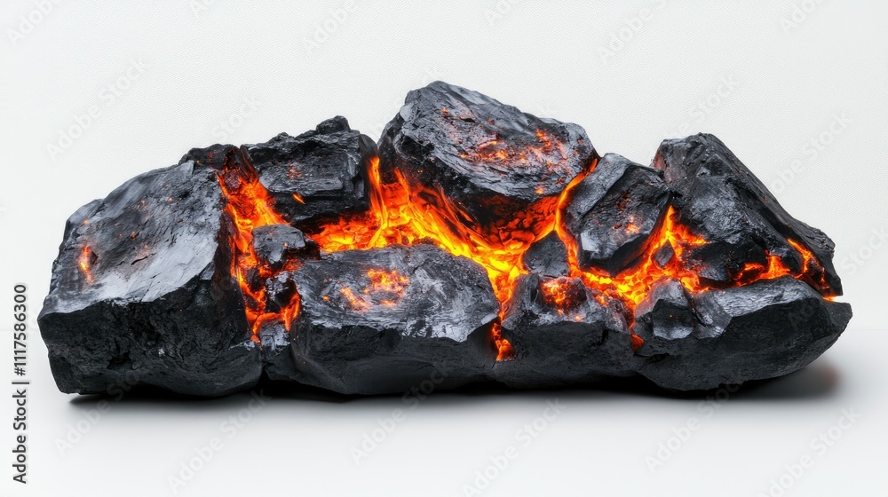 Glowing coals in a tight pile, side perspective with bright embers and charred textures, placed on a white surface Glowing coals in a tight pile, side perspective with bright embers and charred textures, placed on a white surface