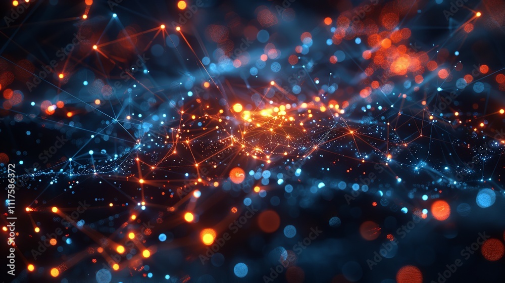 Abstract tech background with illuminated fiber optic connections, quantum computing network system. Abstract tech background with illuminated fiber optic connections, quantum computing network system.
