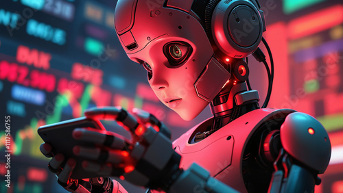 Robotic Figure Analyzing Data in Futuristic Digital Environment Representing AI Development photo