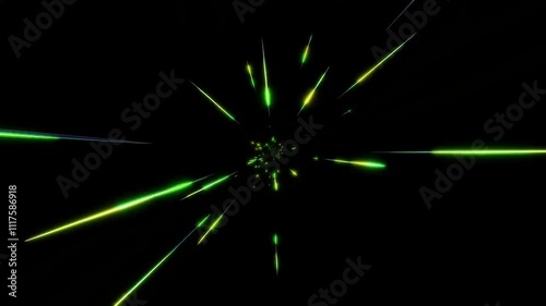 放射状に広がる緑色に輝く細い光跡、宇宙のバースト、高速ワープ旅行エフェクト、SFモーションの背景