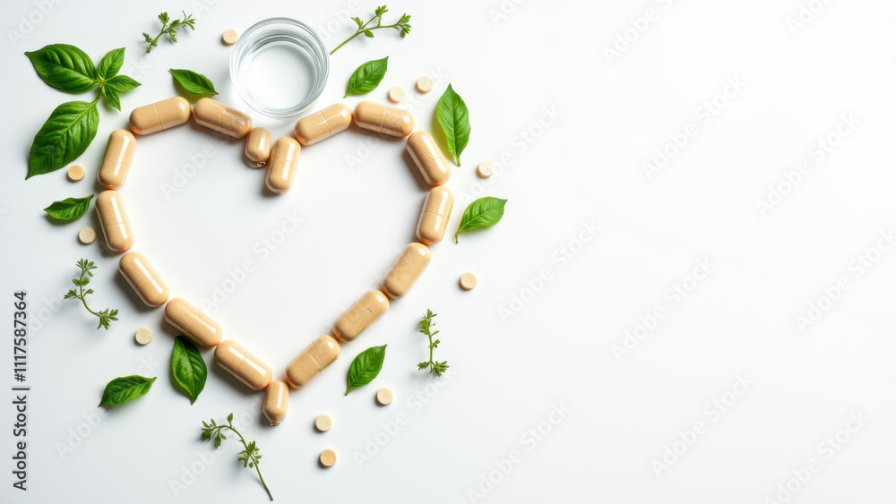 Magnesium capsules creatively arranged to form a heart shape with fresh herbs surrounding it on a light grey background. Magnesium capsules creatively arranged to form a heart shape with fresh herbs surrounding it on a light grey background.