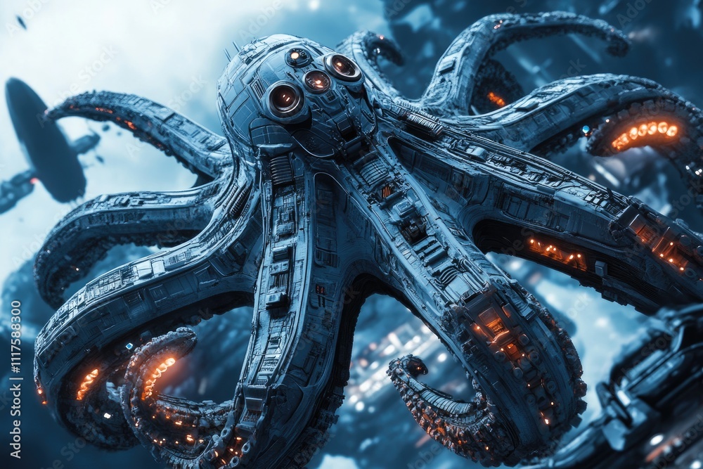 Obraz premium Futuristic Octopus Shaped Spaceship Over City