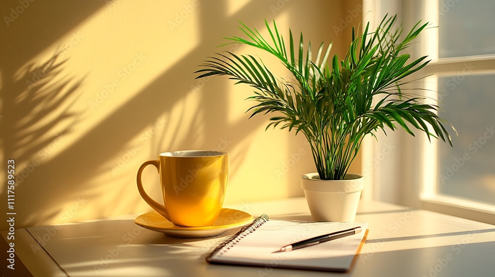 Serene Morning Coffee Break: Sunlight Illuminates a Cozy Workspace with a Yellow Mug, Notebook, and Palm Plant Serene Morning Coffee Break: Sunlight Illuminates a Cozy Workspace with a Yellow Mug, Notebook, and Palm Plant