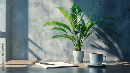 Serene Workspace: Sunlight Illuminates a Peaceful Office Setup with a Plant, Coffee, and Notebook